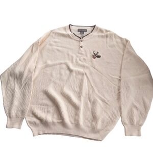 David Taylor Mens XXL Cream Cotton Knit Henley Sweater Deer Cabin Embroidered